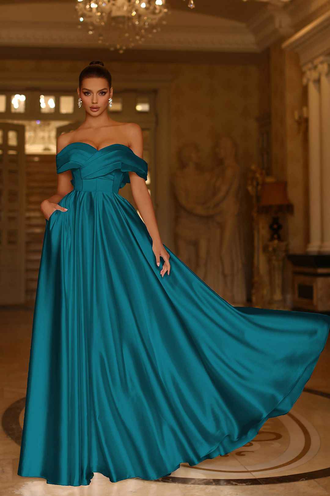 Off the Shoulder Satin Gown With A Line  And Side Pockets Prom Dress