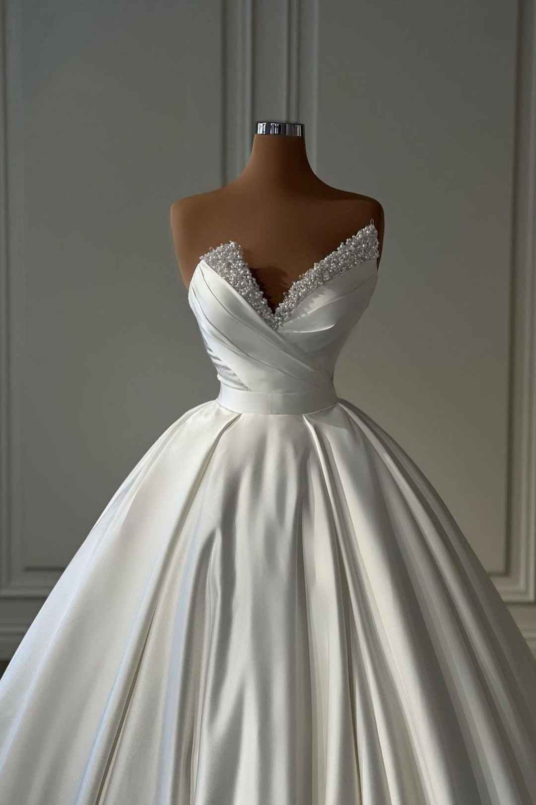 Charmeuse Sleeveless White Wedding Dress with Beading BM bride