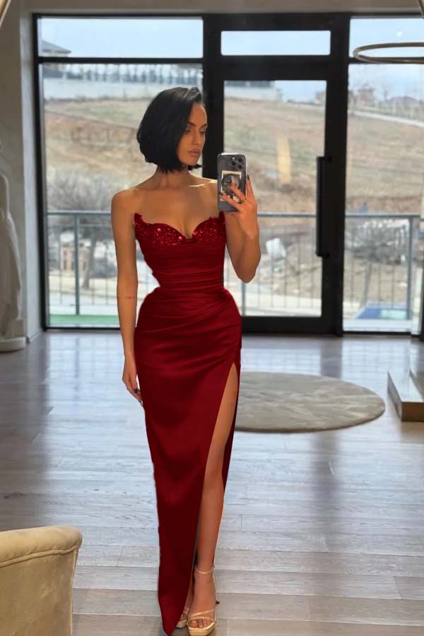 Strapless Sleeveless Long Split Prom Dress With Pleated Sequins