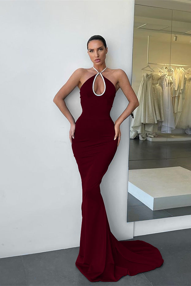 Dark Blue Sleeveless Halter Long Mermaid Prom Dress BM bride