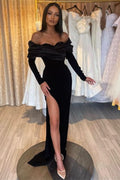 Black Mermaid Prom Dress Half-Sleeve Pleated with Slit BM bride