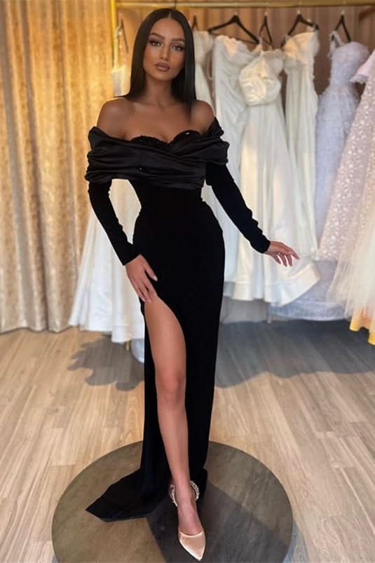 Black Mermaid Prom Dress Half-Sleeve Pleated with Slit BM bride
