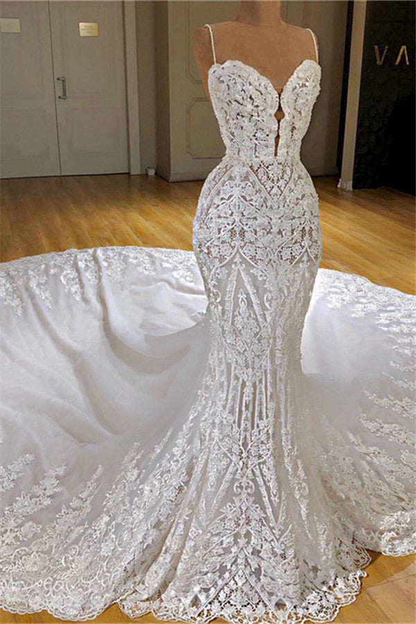Stylish Spaghetti Straps Lace Mermaid Wedding Dress With Cathedral Train for a Magnificent Look BM bride