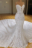 Stylish Spaghetti Straps Lace Mermaid Wedding Dress With Cathedral Train for a Magnificent Look BM bride