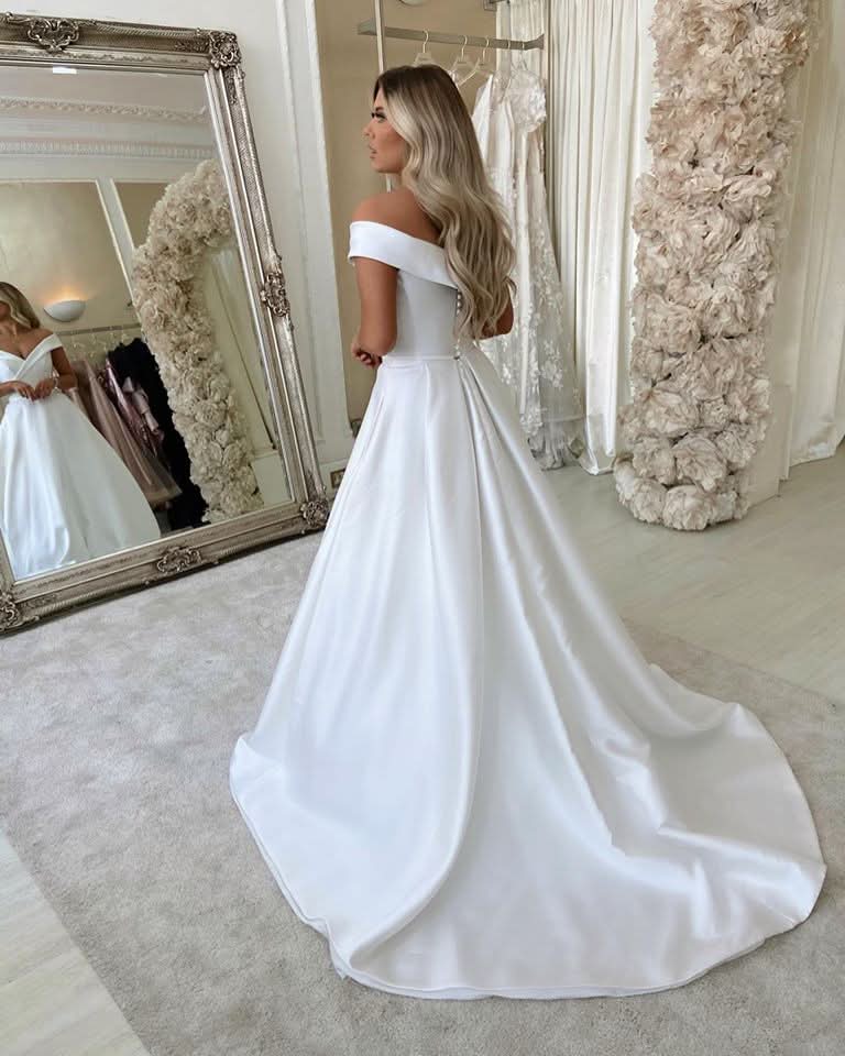 A-Line Off-the-Shoulder Satin Long Wedding Dress BM bride