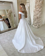 A-Line Off-the-Shoulder Satin Long Wedding Dress BM bride