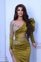Chic Mermaid Long Sleeves Pleated Long Prom Dress Beadings With Side Split