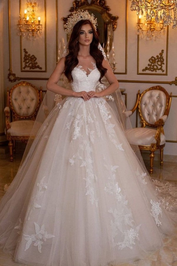 Stunning A-Line Bateau Neck Tulle Floor-Length Wedding Dress with Lace Appliques BM bride