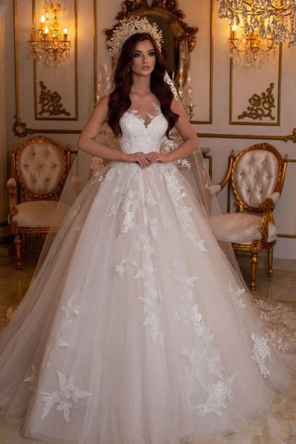 Stunning A-Line Bateau Neck Tulle Floor-Length Wedding Dress with Lace Appliques BM bride