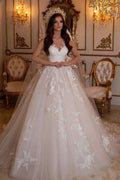 Stunning A-Line Bateau Neck Tulle Floor-Length Wedding Dress with Lace Appliques BM bride