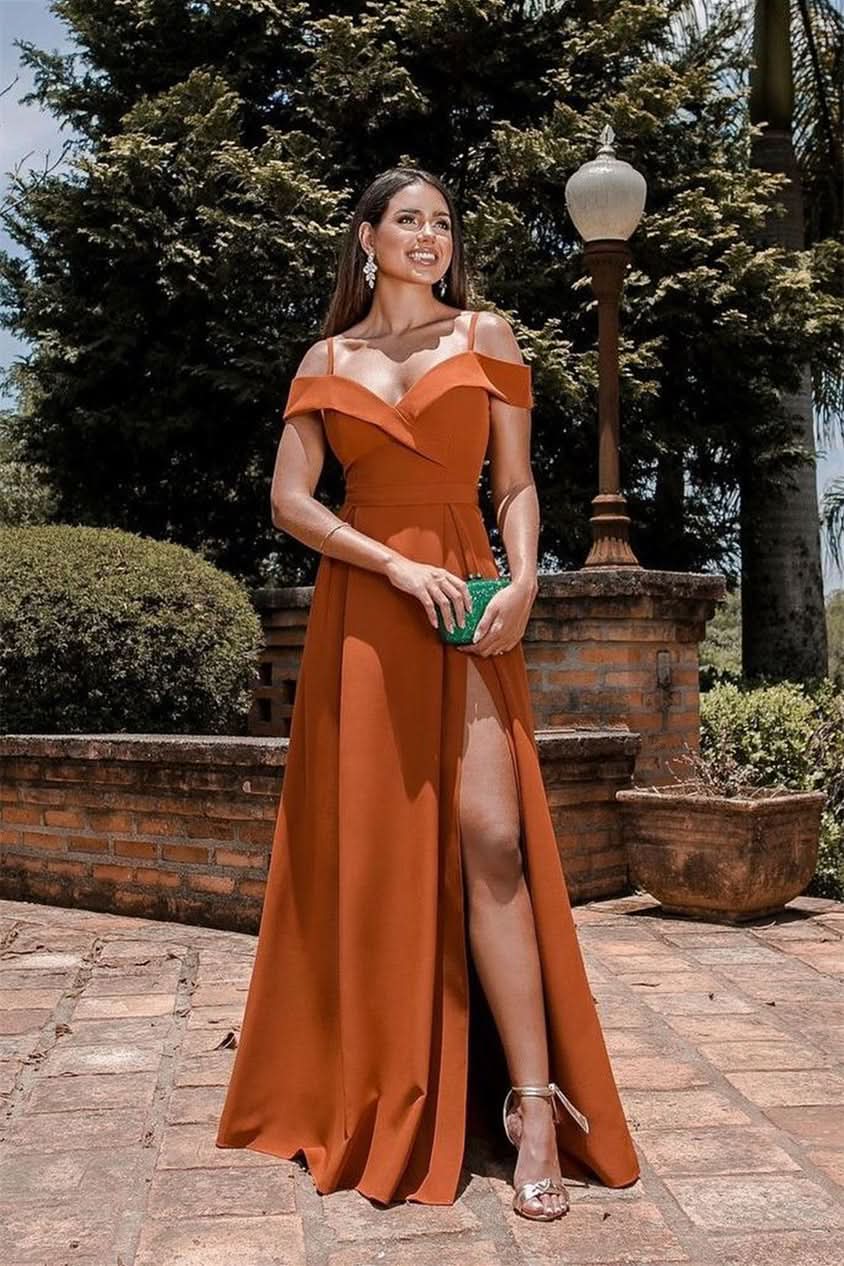 Burnt Orange Off-The-Shoulder Spaghetti-Strap Evening Dress Split Sweetheart Online BM bride