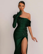 Emerald Green Evening Dress One Shoulder with Pearl Split BM bride