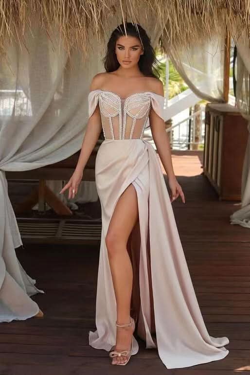Champagne Off-The-Shoulder Mermaid Prom Dress with Beadings Split Ruffles BM bride