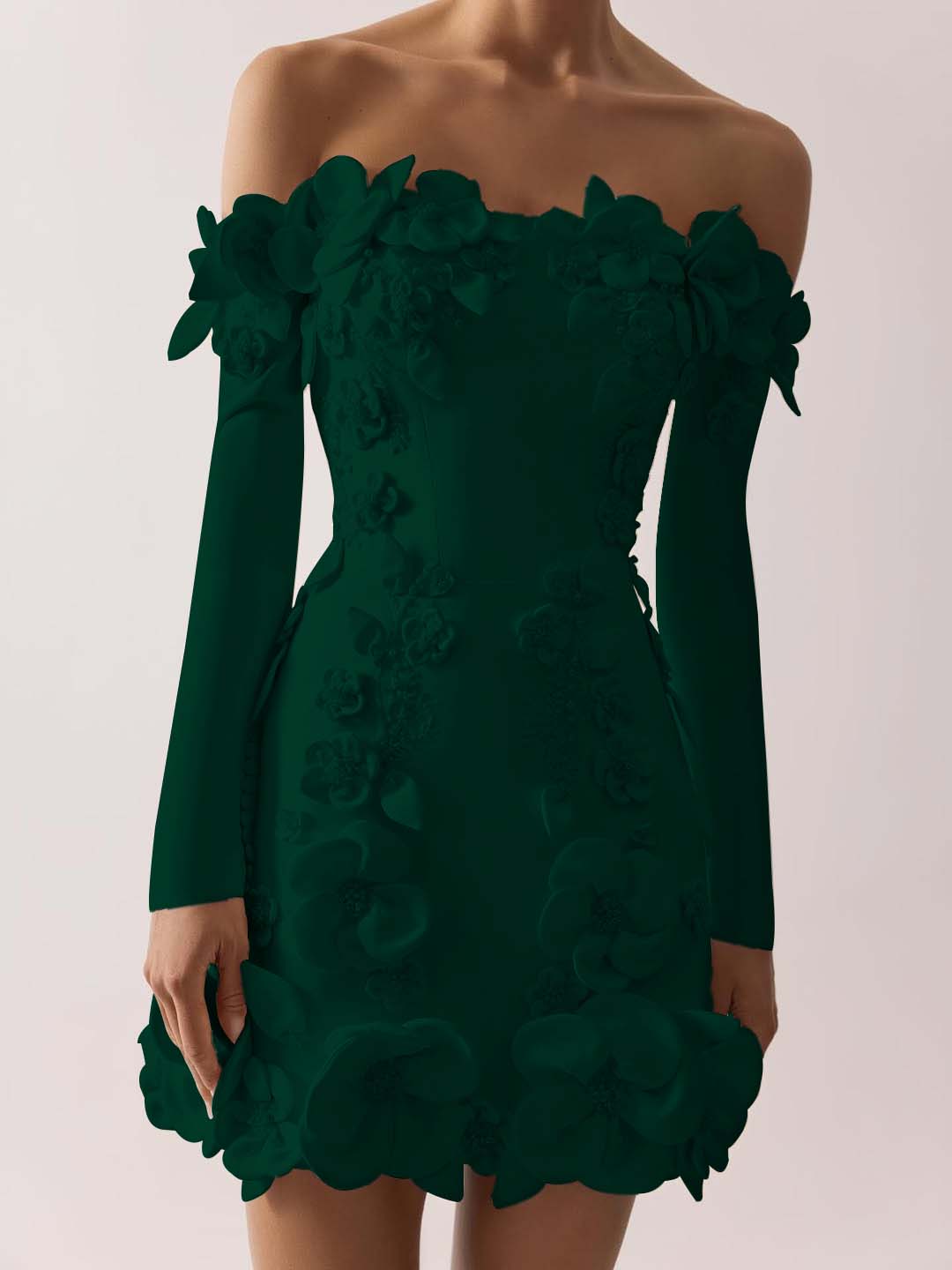 Off the Shoulder Long Sleeves Short Prom Dress With Appliques BMBRIDE