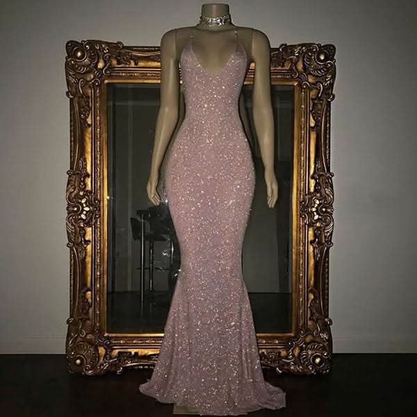 Elegant Halter V-Neck Mermaid Evening Dress with Sequins BM bride