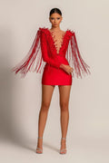 Evening Dress Short Red V-Neck Tassel Sexy Long Sleeves BM bride