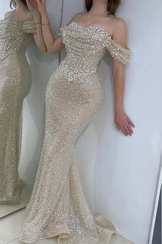 Off the Shoulder Strapless Sleeveless Long Prom Dress With Sequins BMBRIDE