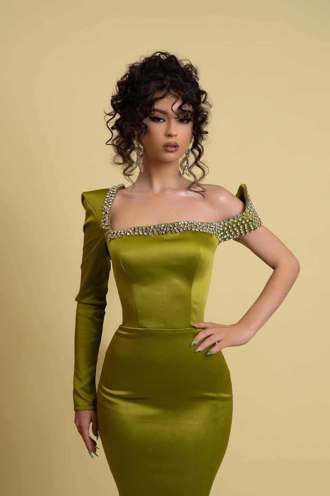Sage Green Long Sleeve Prom Dress One Shoulder Mermaid With Split