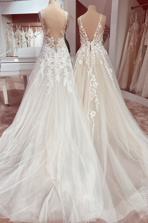 Deep V-Neck A-Line Lace Floor-Length Wedding Dress with Tulle Appliques BM bride