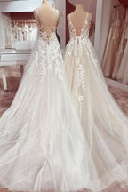Deep V-Neck A-Line Lace Floor-Length Wedding Dress with Tulle Appliques BM bride