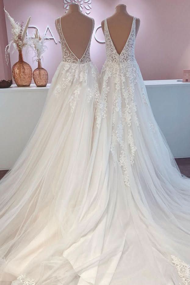 Wide Straps Open Back A-Line Wedding Dress With Lace Appliques Tulle Train BM bride
