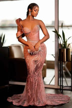 Gorgeous Beading Embroidery One shoulder Pink Mermaid Long Prom Dress