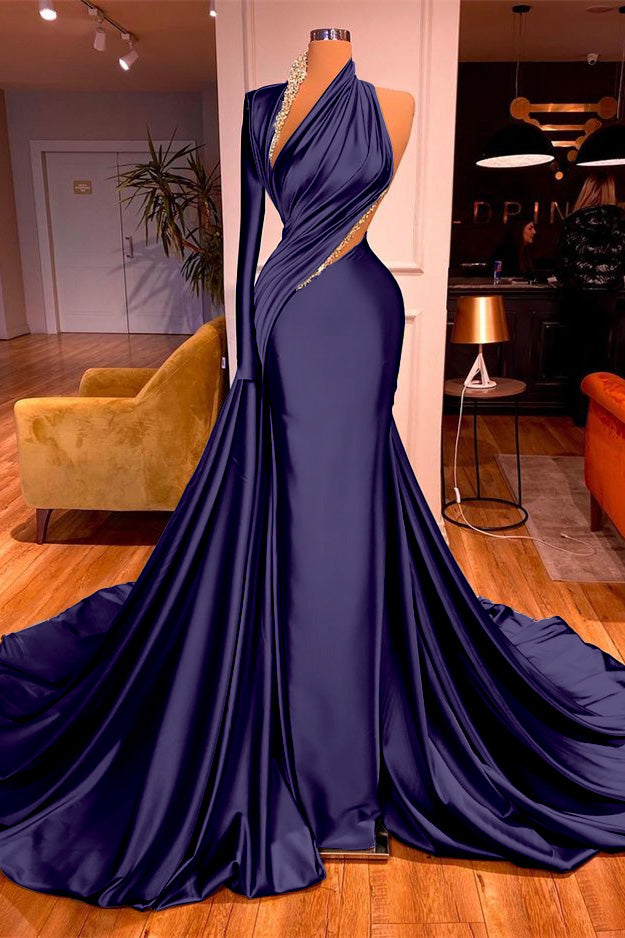 One Shoulder Long Beading Prom Dress Mermaid With Long Sleeve BMBRIDE