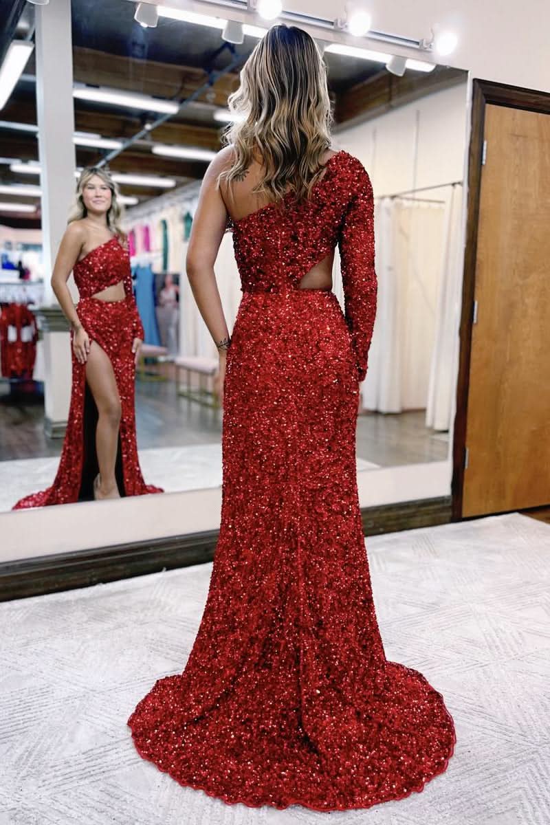 Burgundy One-Shoulder Mermaid Evening Dress Long Sequins BM bride