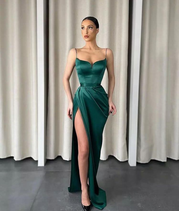 Spaghetti-Straps Dark Green Mermaid Sweetheart Prom Dress with Split Online BM bride