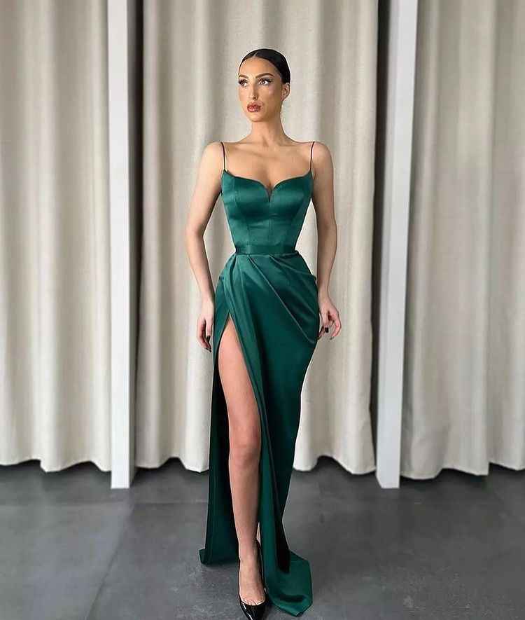 Dark Green Mermaid Sweetheart Prom Dress Spaghetti Strap With Split Online