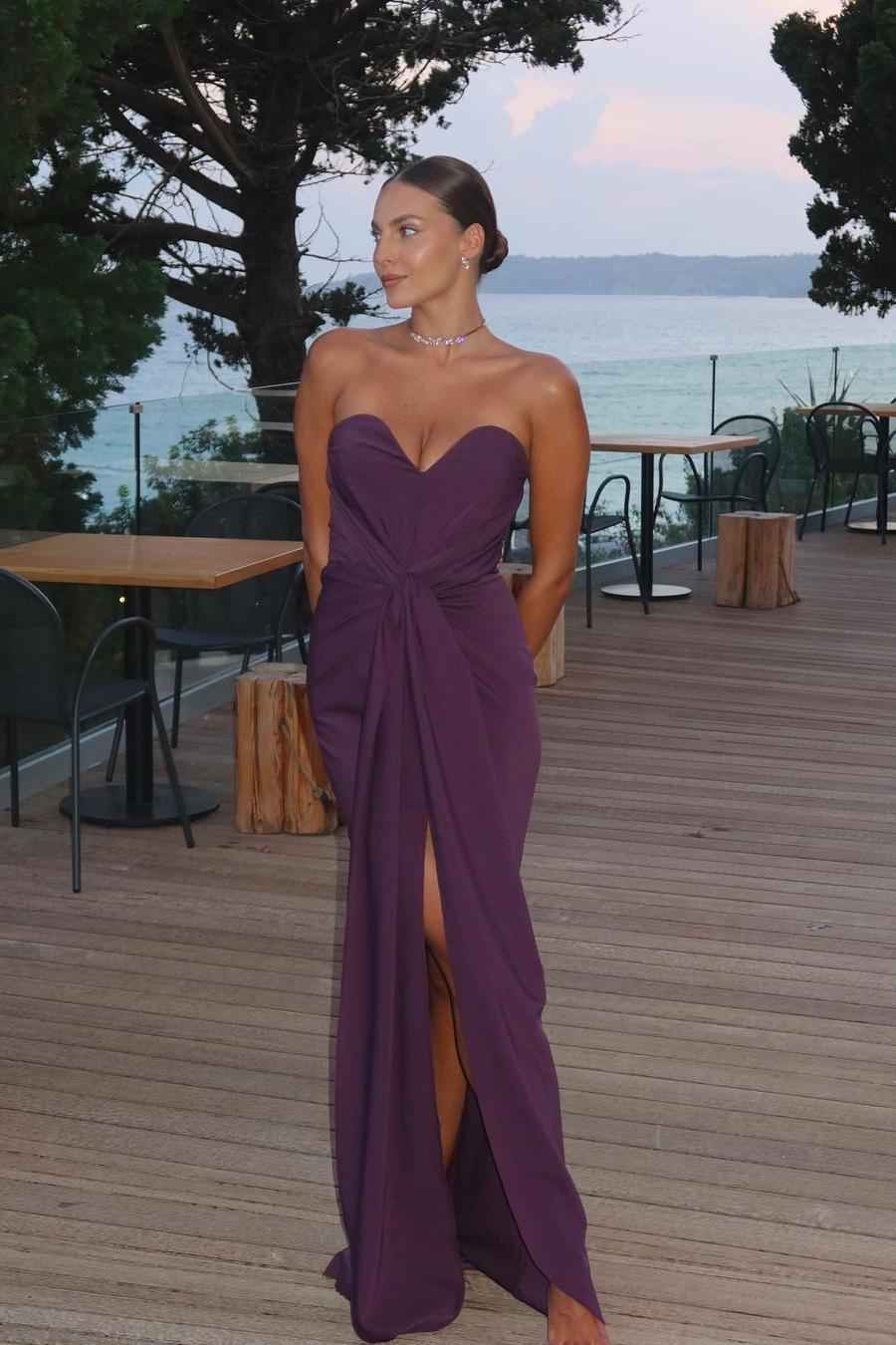 Chic Purple Strapless Sleeveless Front Split Long Prom Dress With Ruffles