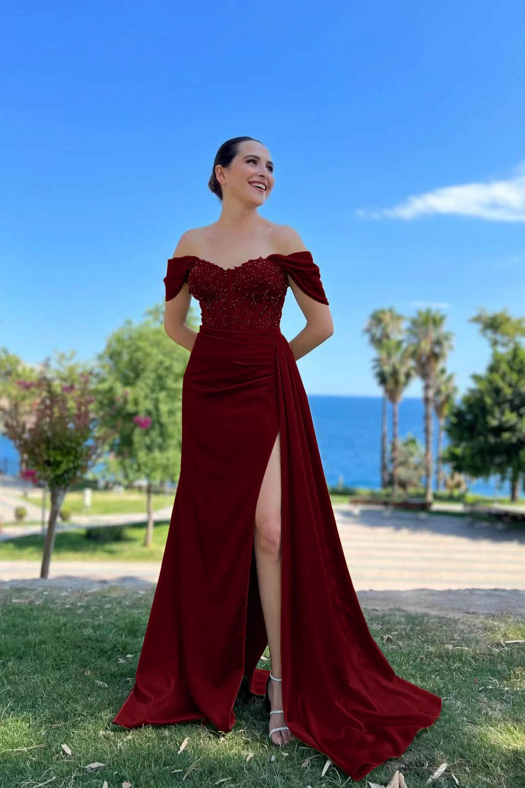 Off-the-Shoulder Sweetheart Beaded Mermaid Prom Dress with Front Split BM bride