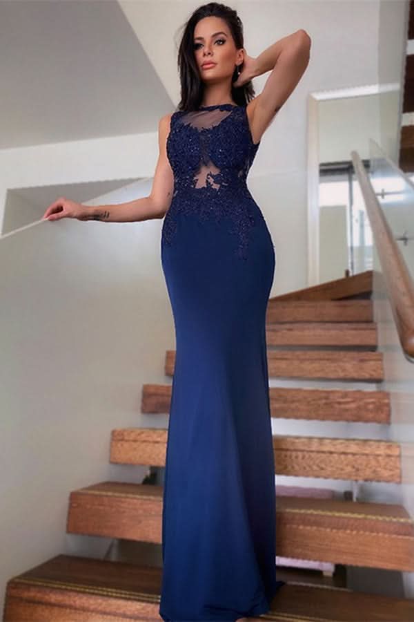 Navy Blue Lace Appliques Mermaid Prom Dress BM bride