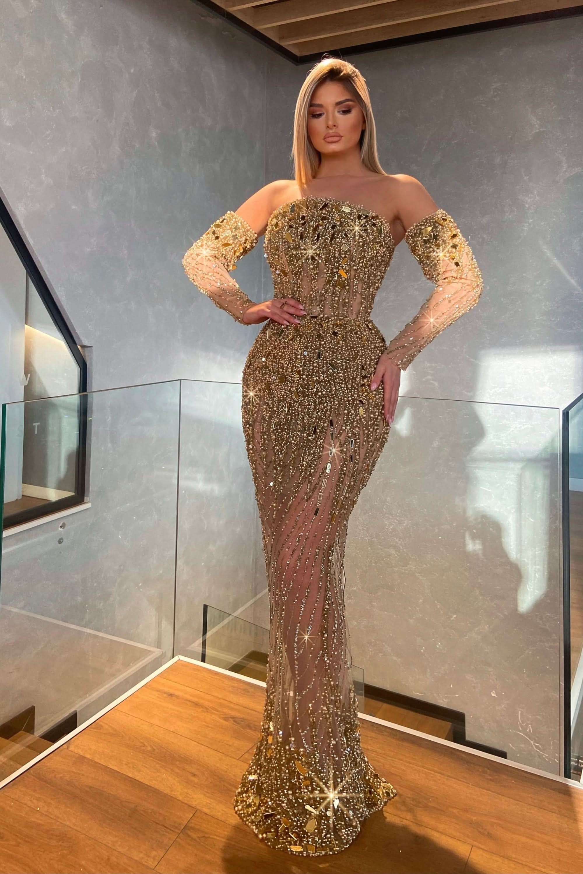 Heavy Gold Prom Dress with Beadings, Sequins, Long Half Sleeves BM bride