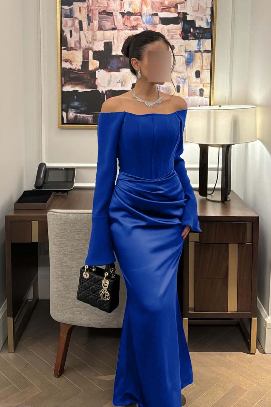 Strapless Long Sleeves Mermaid Long Prom Dress With Pleated BMBRIDE