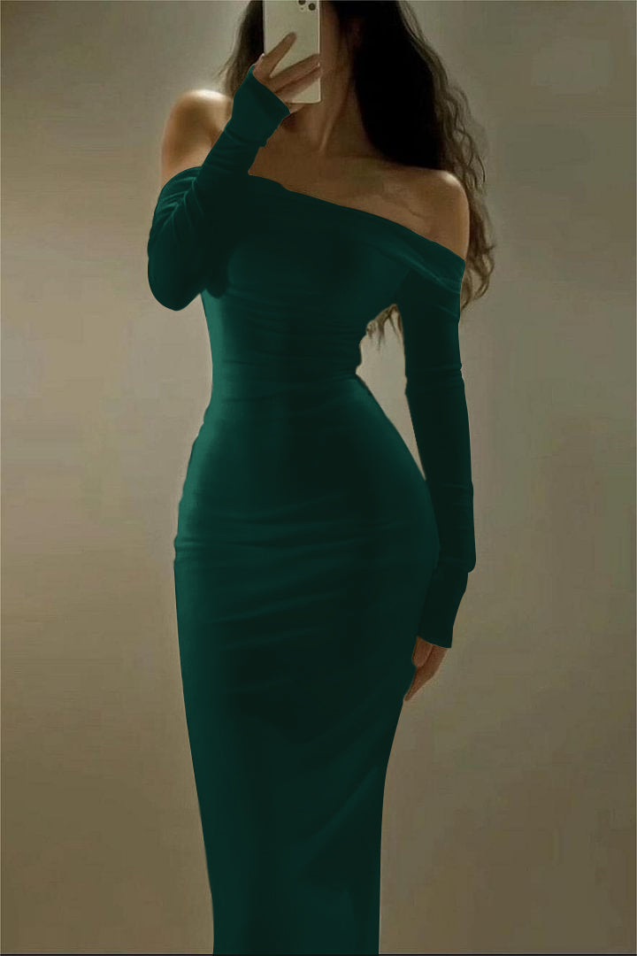 Off the Shoulder Strapless Long Sleeves Long Prom Dress With Pleated BMBRIDE