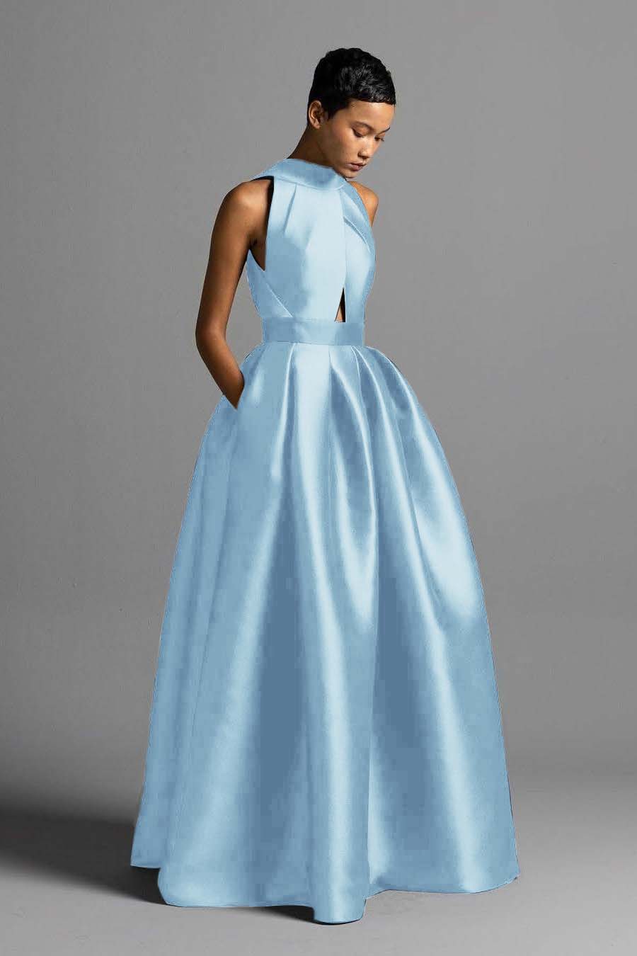 Halter Sleeveless High Waist Long Prom Dress With Pocket Pleated BMBRIDE
