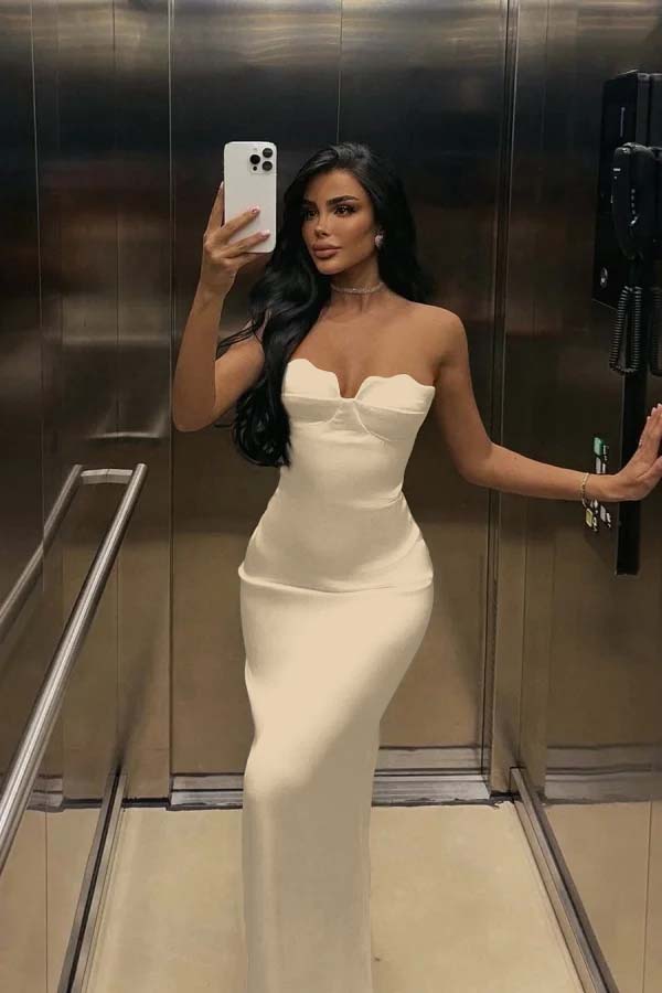 White Strapless Sleeveless Long Mermaid Prom Dress With Pleated BMBRIDE