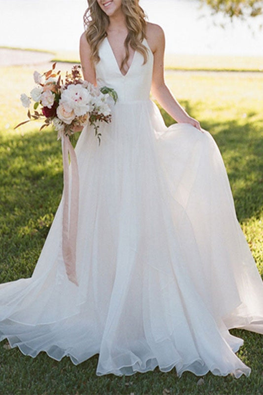 V-Neck Sleeveless Tulle Wedding Dress BM bride