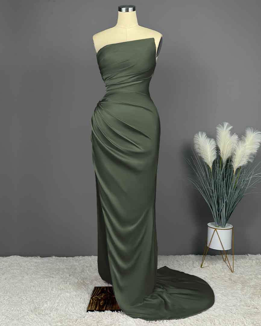 Simple Blue Sleeveless Charmeuse Prom Dress with High Slit and Pleats BM bride