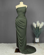 Simple Blue Sleeveless Charmeuse Prom Dress with High Slit and Pleats BM bride