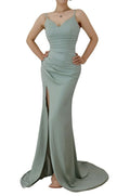 Seafoam Green Spaghetti-Strap Prom Dress with Pleated Slit BM bride