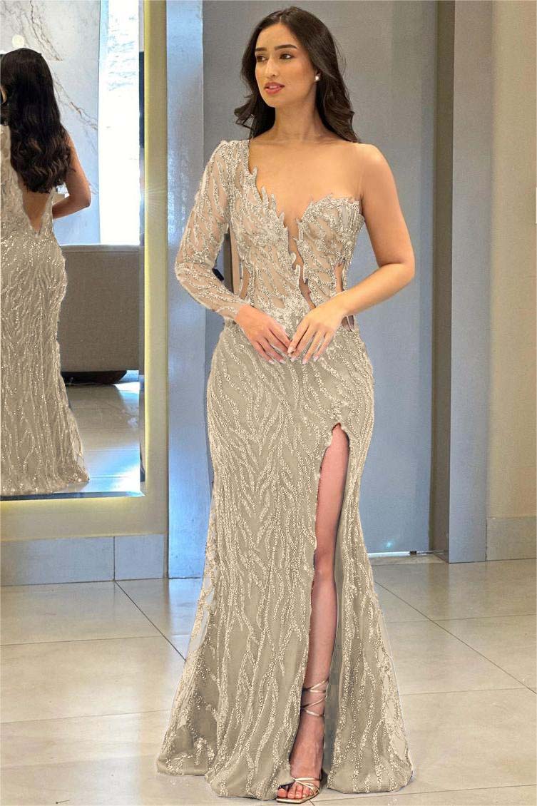 One Shoulder One Long Sleeve Backless Mermaid Split Prom Dress With Appliques