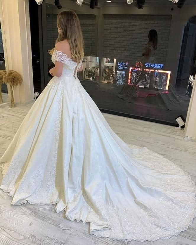 Classy A-Line Off-the-Shoulder Wedding Dress With Train Lace Appliques BM bride