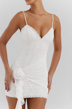 Chic White Spaghetti Strap Sleeveless Short Prom Dress With Embroidery