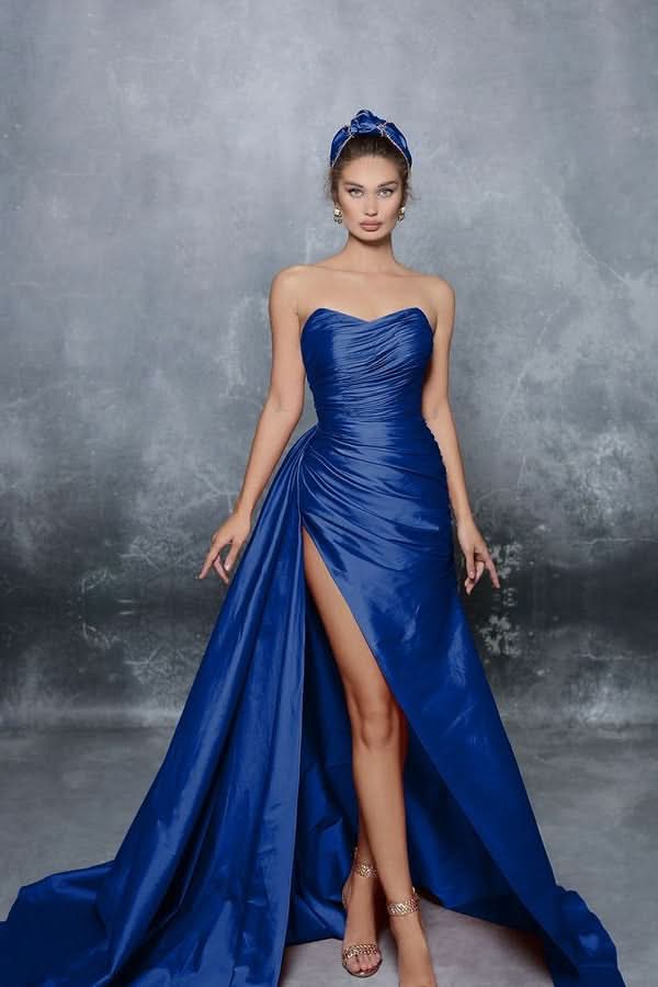 Blue Elegant Strapless Sleeveless Prom Dress with Slit Pleats BM bride