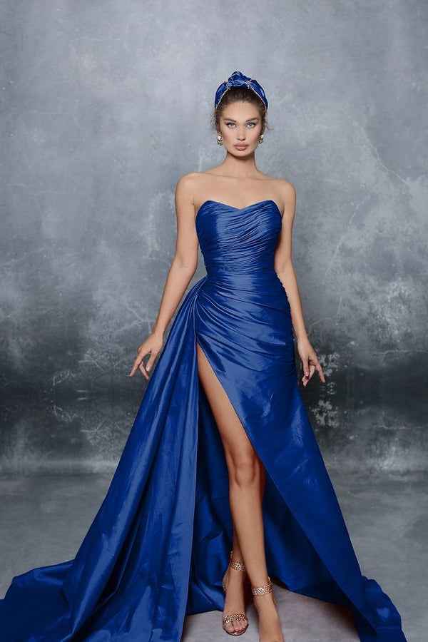 Royal Blue Sweetheart Strapless Sleeveless A Line Prom Dress With High Split