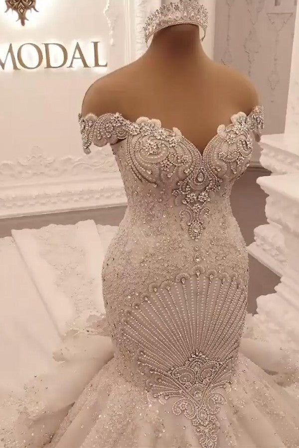 Off-the-Shoulder Floor-Length Backless Mermaid Wedding Dress with Crystal BM bride