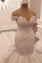 Off-the-Shoulder Floor-Length Backless Mermaid Wedding Dress with Crystal BM bride