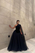 Chic Black Tulle One Shoulder Sleeveless Ball Gown Long Prom Dress BMBRIDE